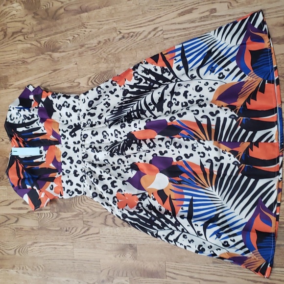 (L) NWT Dressfo Abstract Art Deco Leopard Print Floral Colorful Midi Fit & Flare - Picture 9 of 9